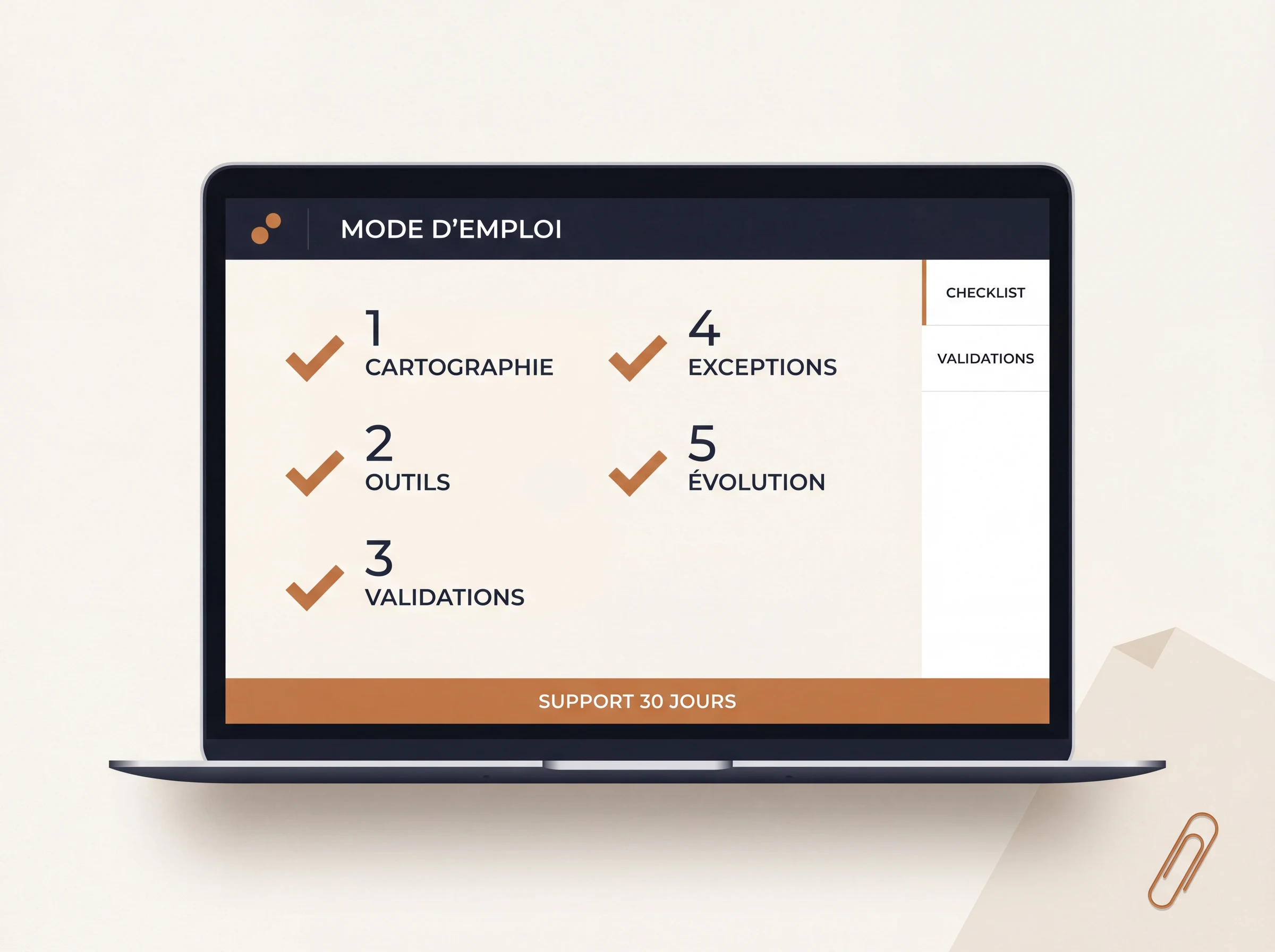 Mockup de documentation équipe affichée sur ordinateur avec checklist, validations et support 30 jours.