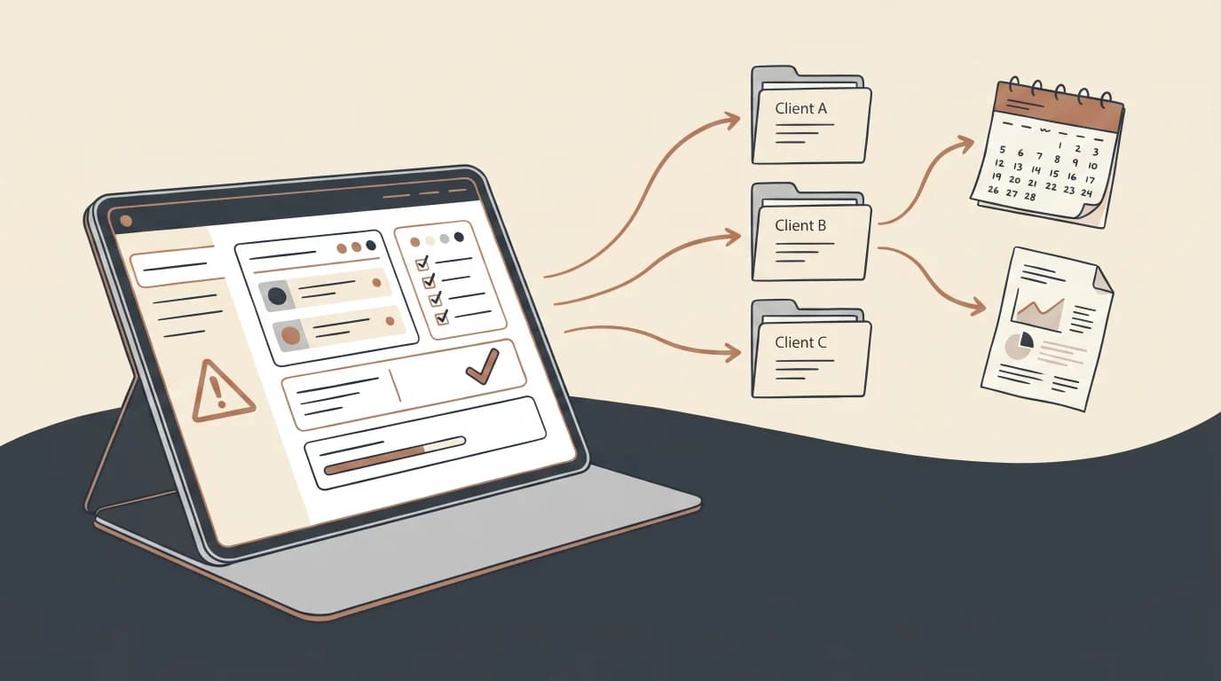 Illustration d'un workflow de conformité RH avec dossiers clients, échéances et validation senior.