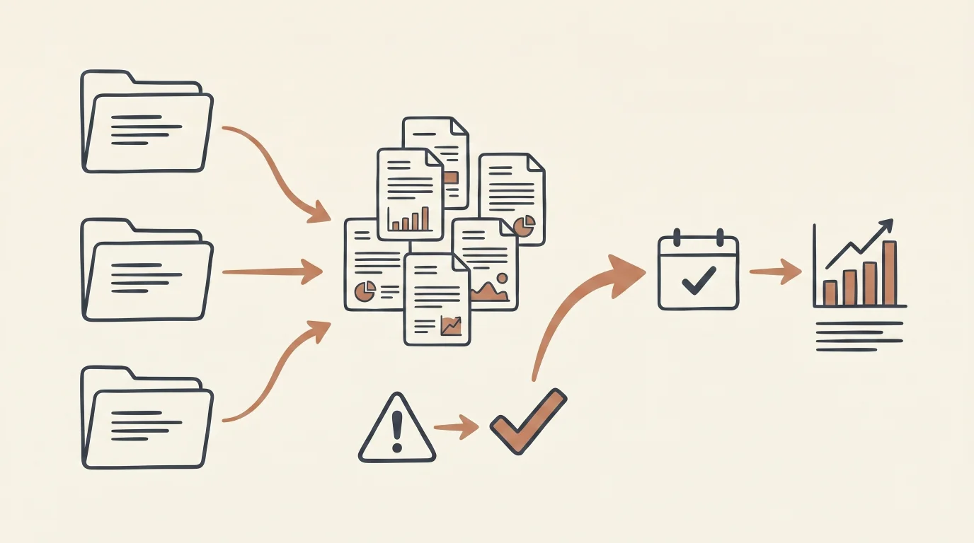 Schéma dessiné du suivi conformité RH multi-clients, avec dossiers, preuves, alerte, validation et reporting.